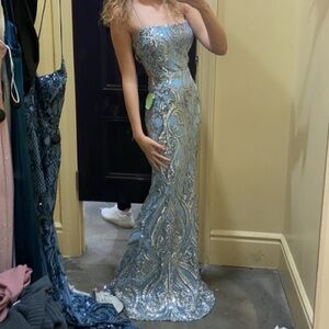 Light Blue and Silver Sequin Dress Kenzie Formal Sequin X-Back Prom Dress